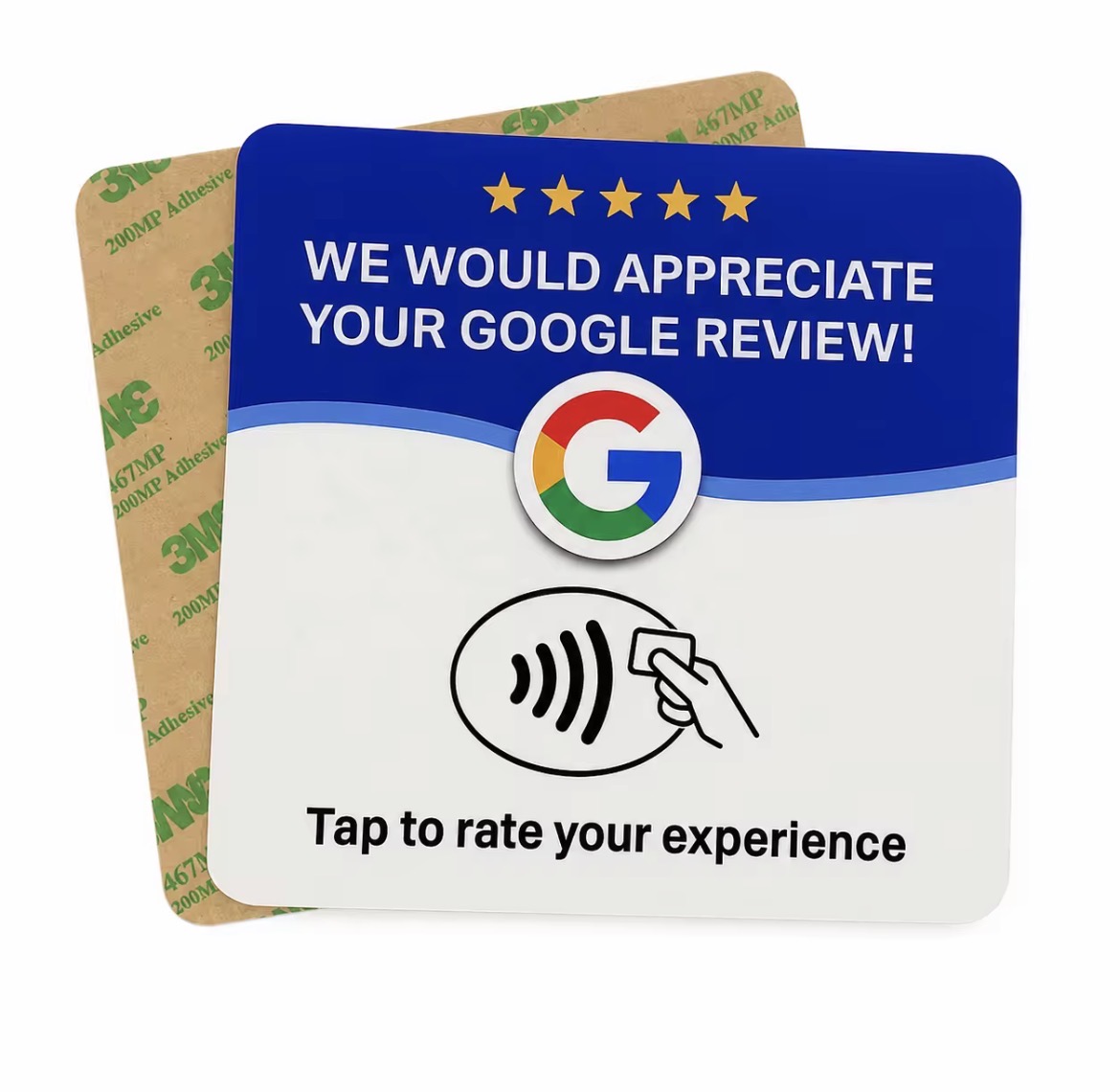 Back of the NFC Google review card showing 3M adhesive backing